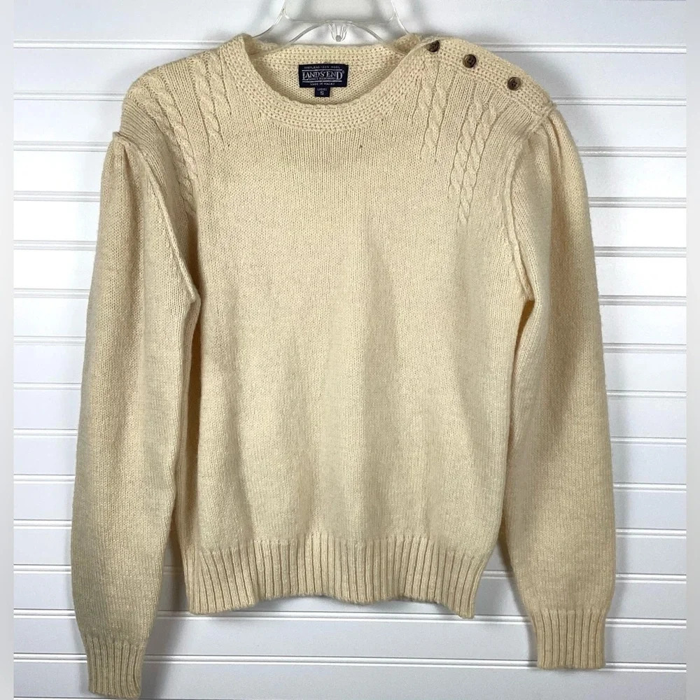 Land’s End Shetland’s 100% Wool Sweaterer Size Small Cream Cable Knit Fisherman